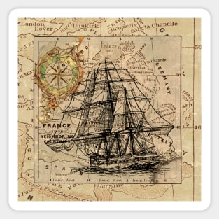 Nautical Voyage vintage ship sailor antique world map sailboat Sticker